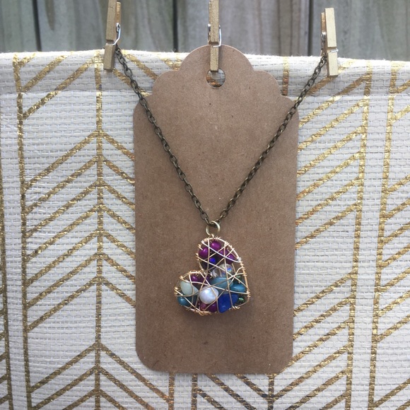 Heart Pendant Wrapped In Gold Copper Wire Handmade - Picture 2 of 4